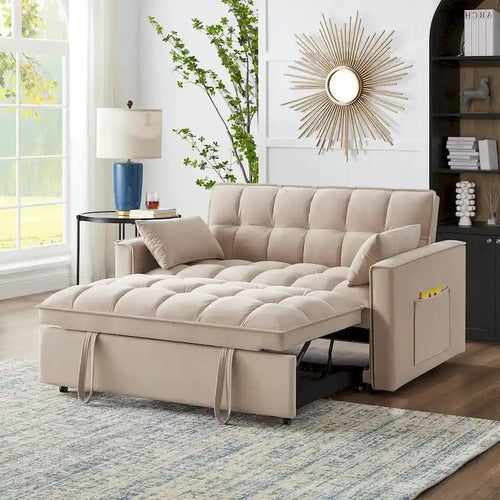 Divano letto a due posti 4 in 1 con braccioli e tasche portaoggetti, divano letto estraibile multifunzionale trapuntato con schienale regolabile
