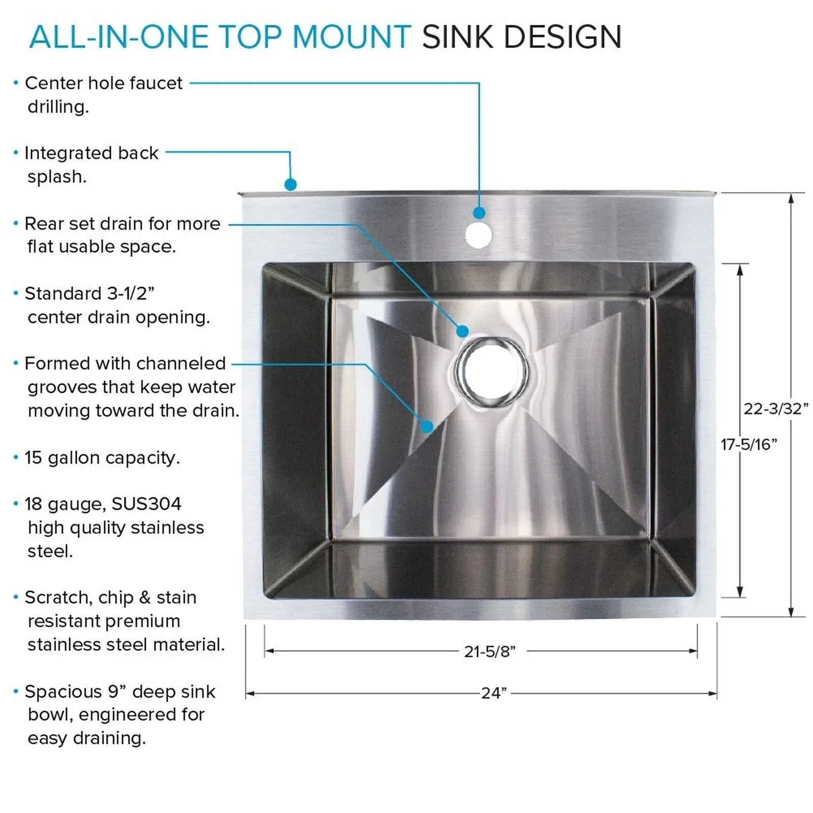 Lavatoio e mobile in acciaio inox 24" L x 22" P x 35" H