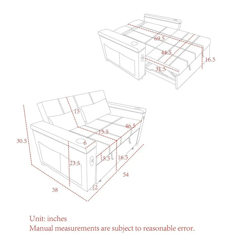 Divano Letto Estraibile 54", Divano Reclinabile 2 Posti con Contenitore, Cuscino Lombare, Presa USB
