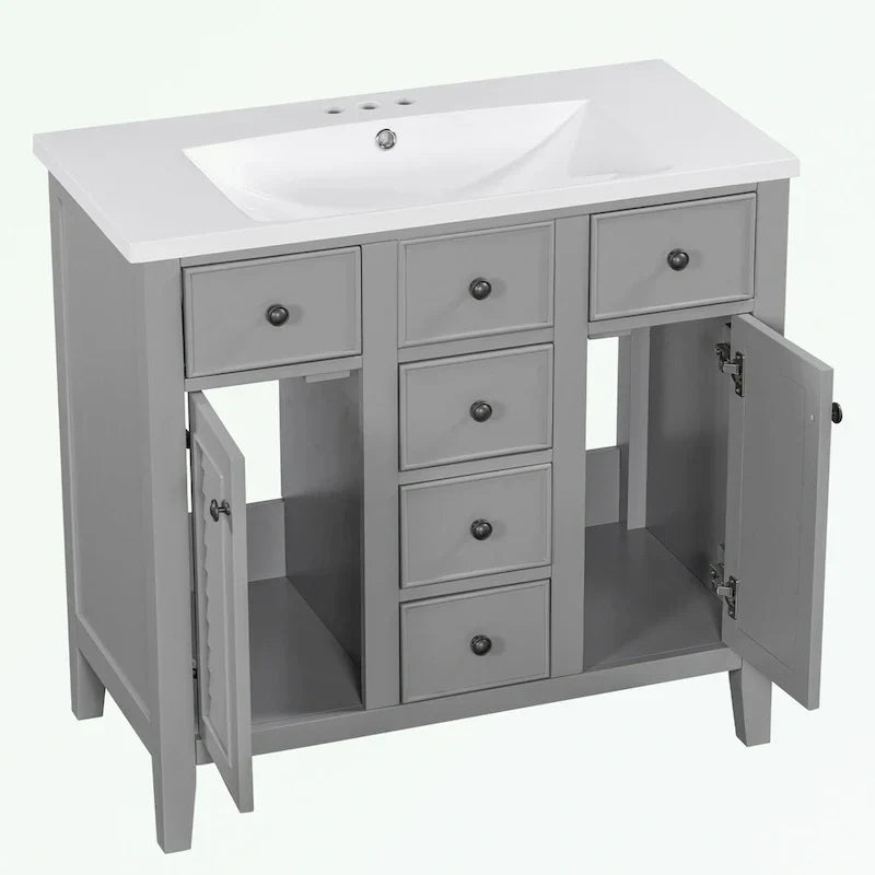 Mobile bagno con lavabo in ceramica, due ante e cinque cassetti