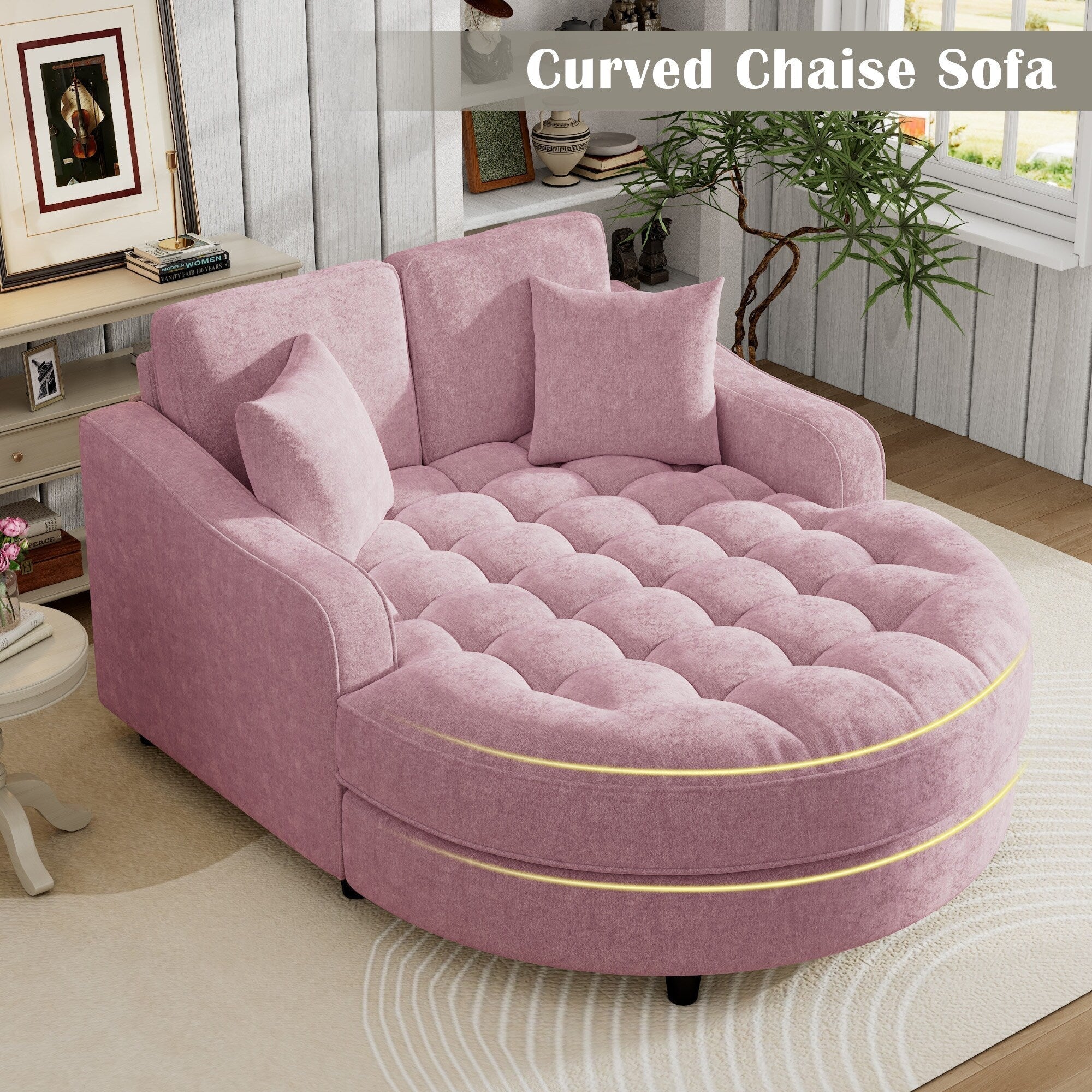 Divano Letto Chaise Longue in ciniglia, Divano Imbottito con Schienale Trapuntato e 2 Cuscini Rimovibili per Soggiorno