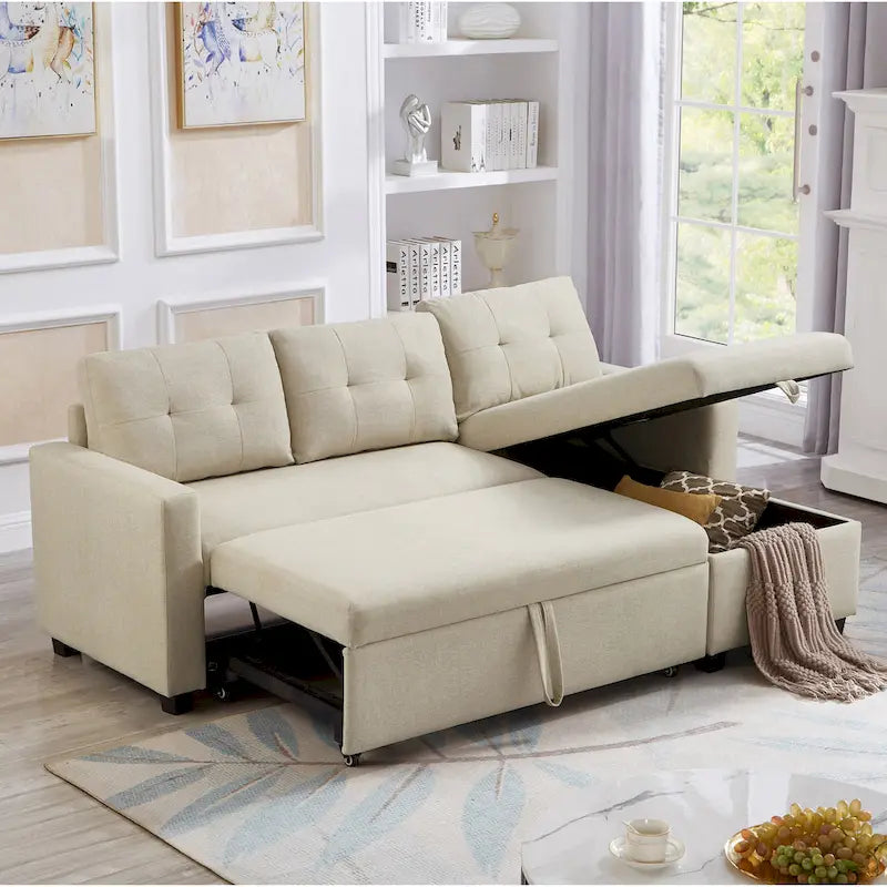Divano Sezionale Convertibile con Letto Estraibile e Chaise Longue Contenitore Nascosto