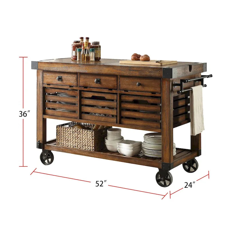 Carrello da cucina con 3 cassetti in castagno anticato
