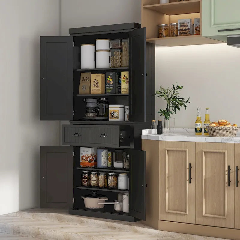 Armadio dispensa da cucina da 72 pollici, mobile tradizionale autoportante con 4 ante e 3 ripiani regolabili, ampio cassetto centrale