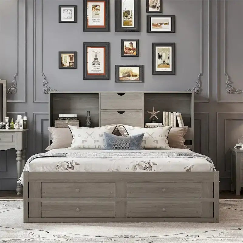 Letto a piattaforma King Size con testiera contenitore e 8 cassetti