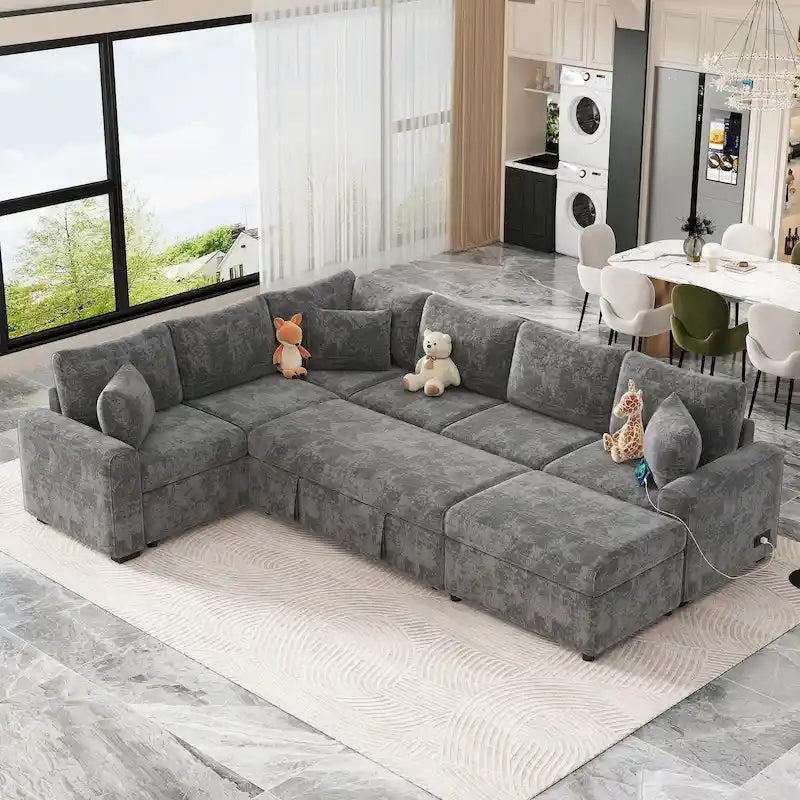 Divano sezionale in ciniglia con letto estraibile, divano letto a L con pouf contenitore, 3 cuscini e dispositivi di ricarica