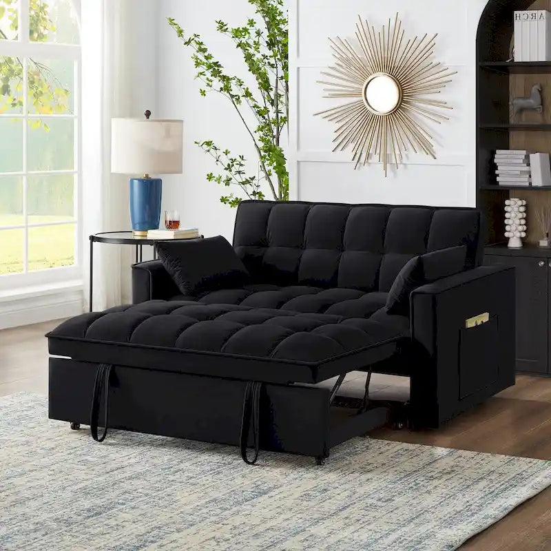 Divano Letto Estraibile 4-in-1 - Divanetto in Velluto - Divano Letto Convertibile con Schienale Reclinabile, 2 Tasche Laterali