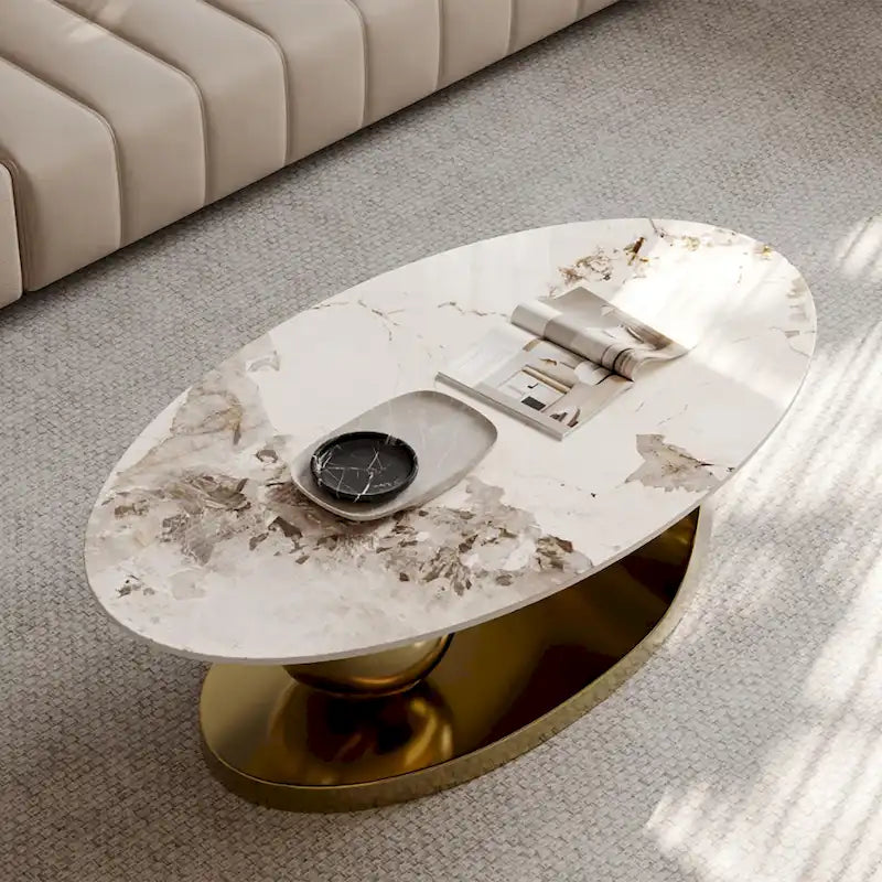 Tavolino da caffè ovale moderno Pandora 51 con piano in pietra sinterizzata lucida, tavolino da caffè di lusso, gambe in acciaio inossidabile per soggiorno