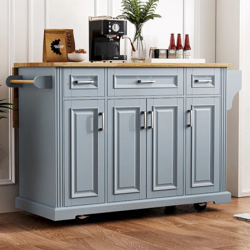 54 - Grande isola cucina con anta a ribalta in legno di gomma, carrello da cucina scorrevole con texture in rilievo su 4 ruote con 4 ante e 3 cassetti