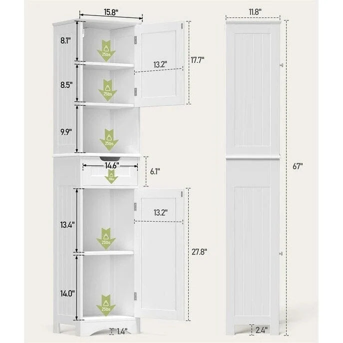 Mobile bagno alto 67 H, Armadietto portabiancheria stretto, Mobiletto contenitore con 2 ante e cassetto