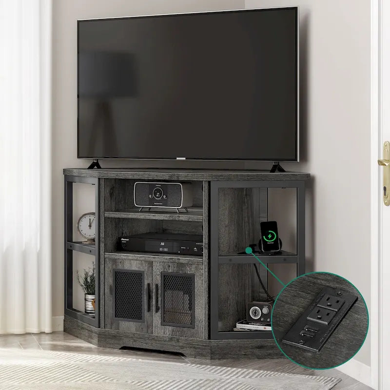 Mobile TV ad angolo in stile rustico con presa di corrente, per TV fino a 55 pollici
