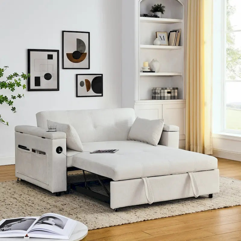 Divano Letto Estraibile 54", Divano Reclinabile 2 Posti con Contenitore, Cuscino Lombare, Presa USB