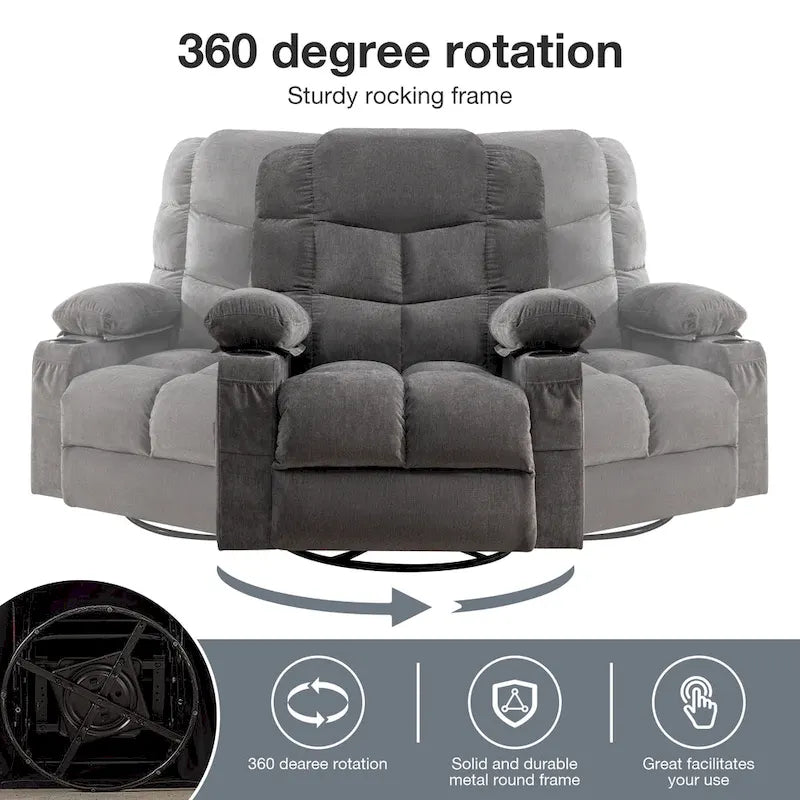 Poltrona reclinabile oversize grigia con calore e massaggio, reclinazione a 150°, oscillazione a 30°, ricarica USB e 2 portabicchieri
