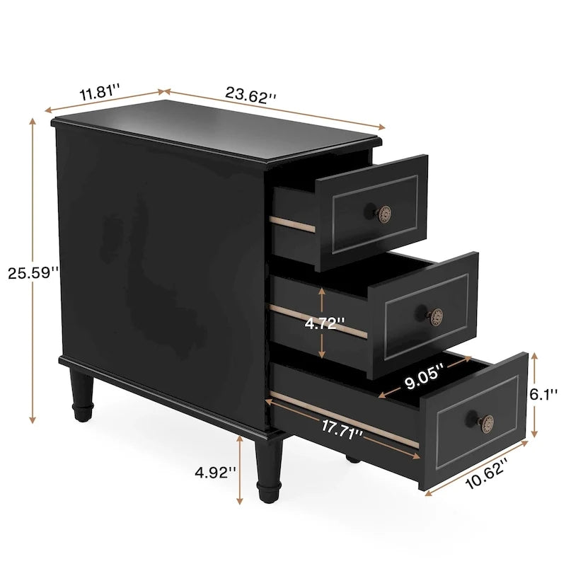 Tavolino stretto completamente assemblato, tavolino in legno massello con 3 cassetti, comodino sottile vintage per piccoli spazi