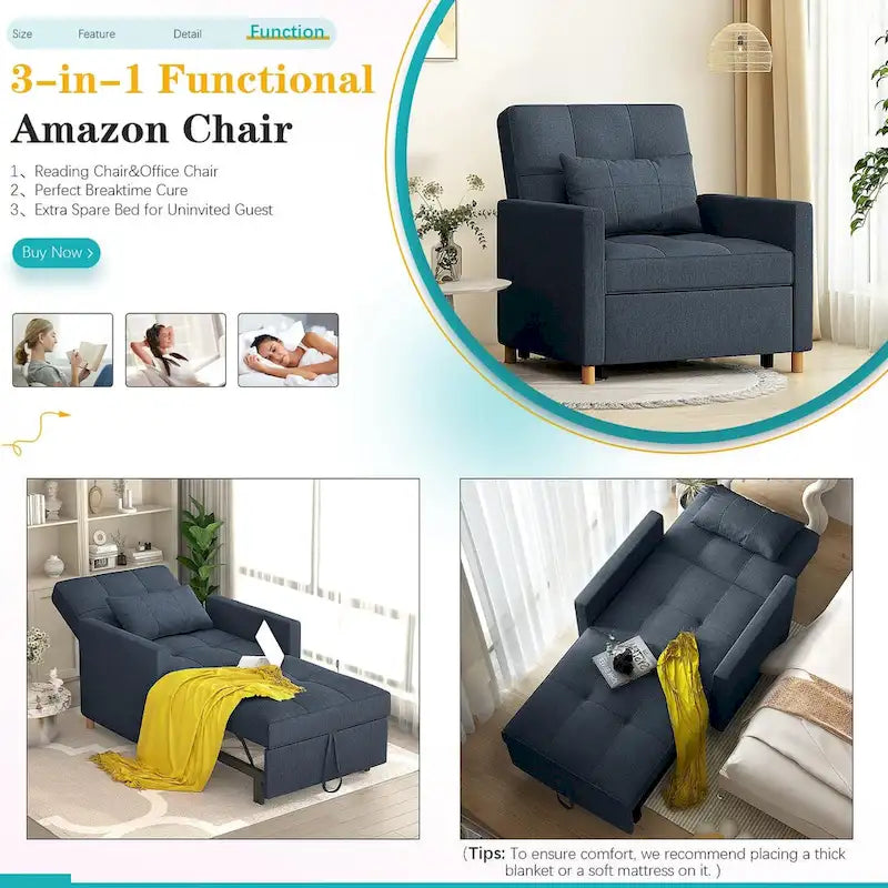 AECOJOY Poltrona Letto 3 in 1 con Cuscino e Schienale Convertibile