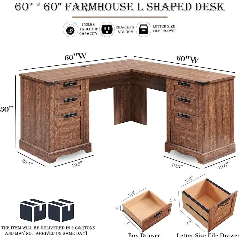60 Scrivania Direzionale a L da Fattoria, Scrivania ad Angolo in Legno, Scrivania per Computer