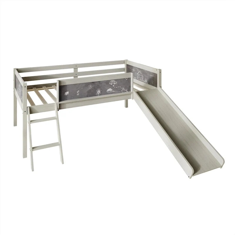 Letto a soppalco basso classico singolo CraftPorch con lavagna, scivolo e scaletta