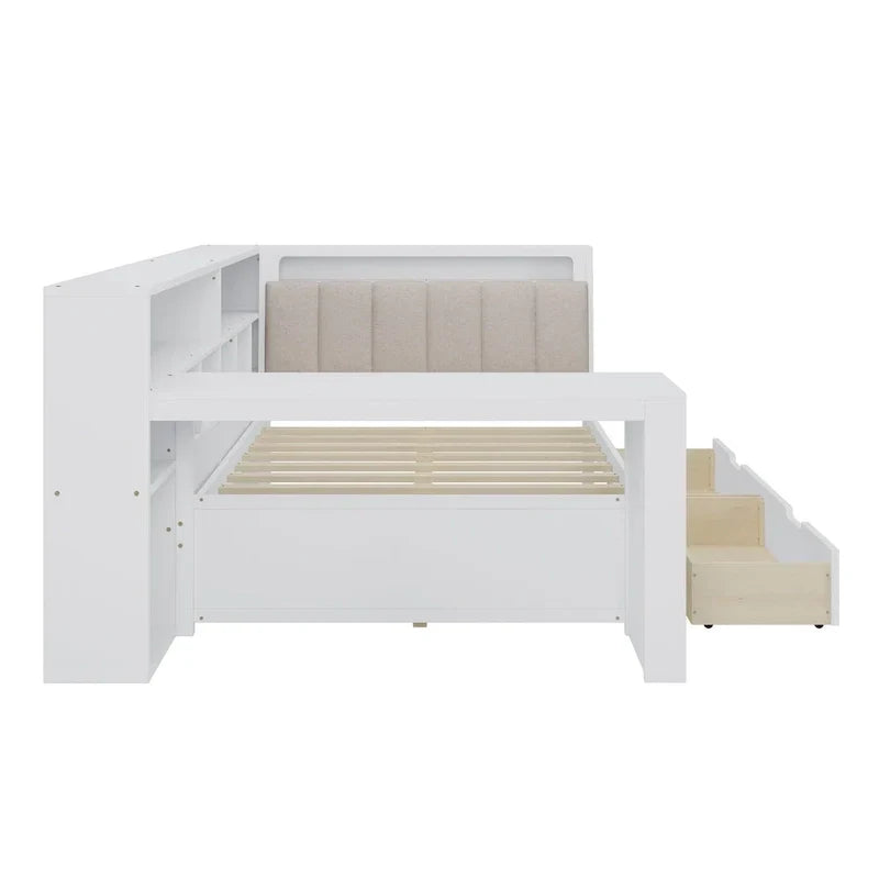 Divano Letto a "L" in Legno con Scrivania, Mobile Libreria, Letto Angolare con Cassetti Sottostanti, Testiera Imbottita con Luce Integrata