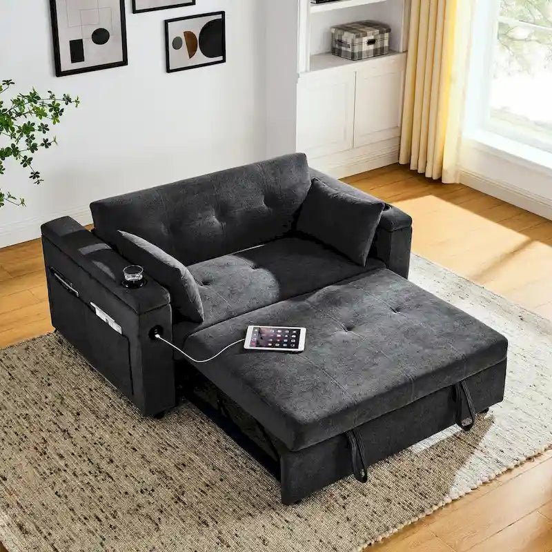 Divano Letto Estraibile 54", Divano Reclinabile 2 Posti con Contenitore, Cuscino Lombare, Presa USB