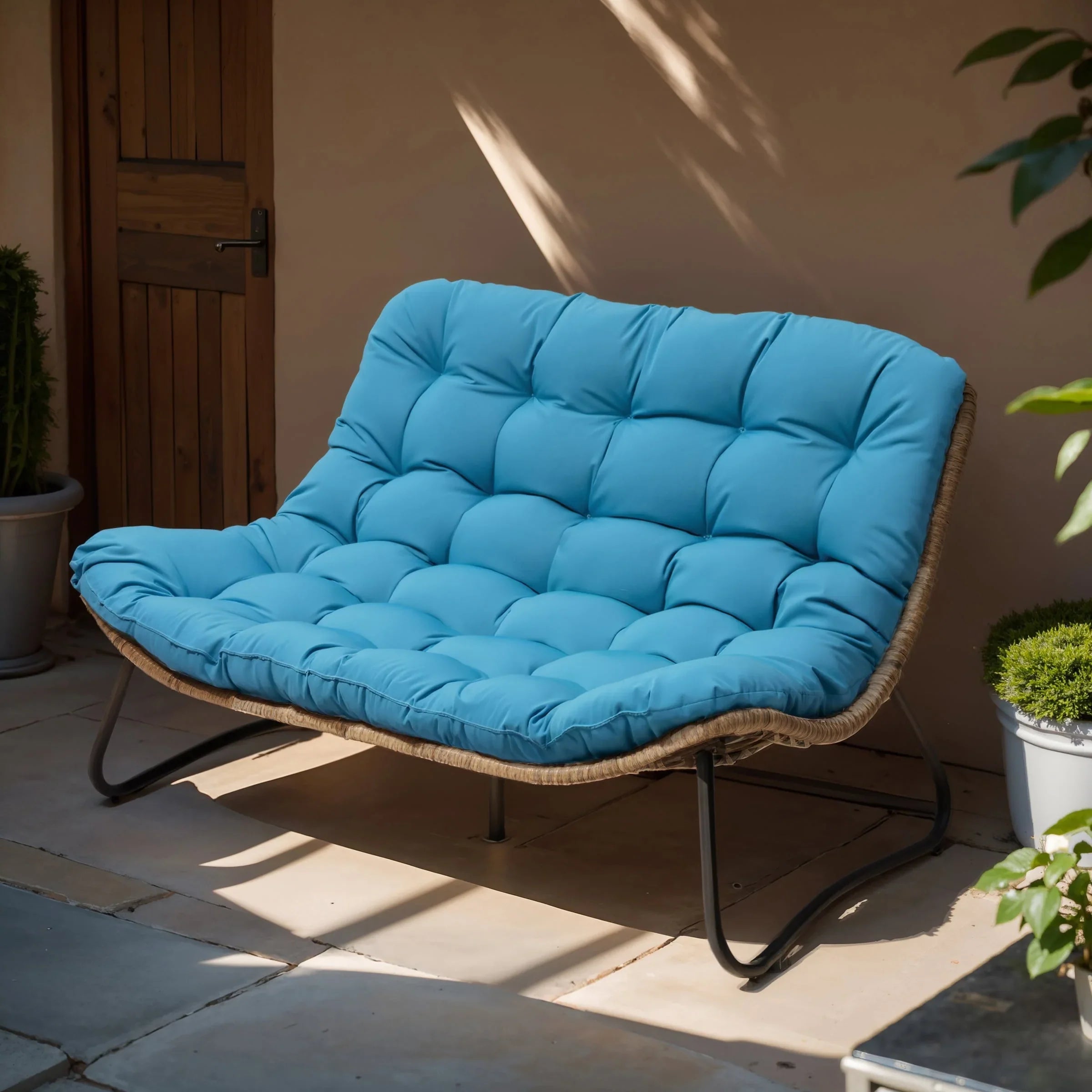 Divanetto due posti Double Papasan con cuscino, in rattan PE per tutte le stagioni e struttura in metallo per interni ed esterni