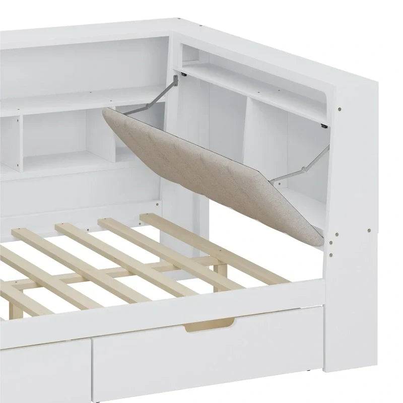 Divano Letto a "L" in Legno con Scrivania, Mobile Libreria, Letto Angolare con Cassetti Sottostanti, Testiera Imbottita con Luce Integrata