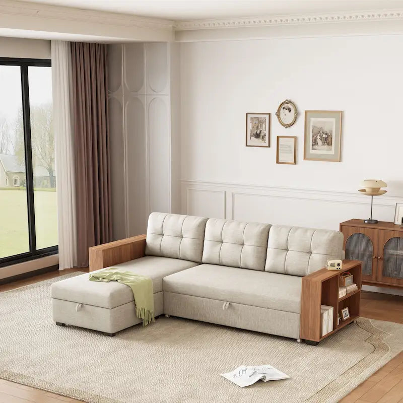 Divano Sezionale Convertibile con Letto Estraibile e Chaise Longue Contenitore Nascosto