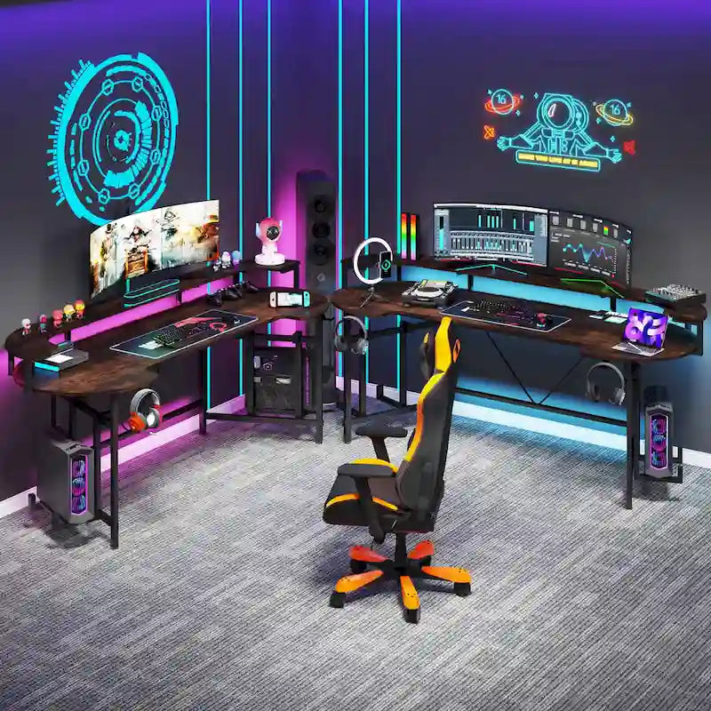 Scrivania da Gaming con Ripiano Monitor, Scrivania per PC Computer da 75 Pollici con Striscia LED