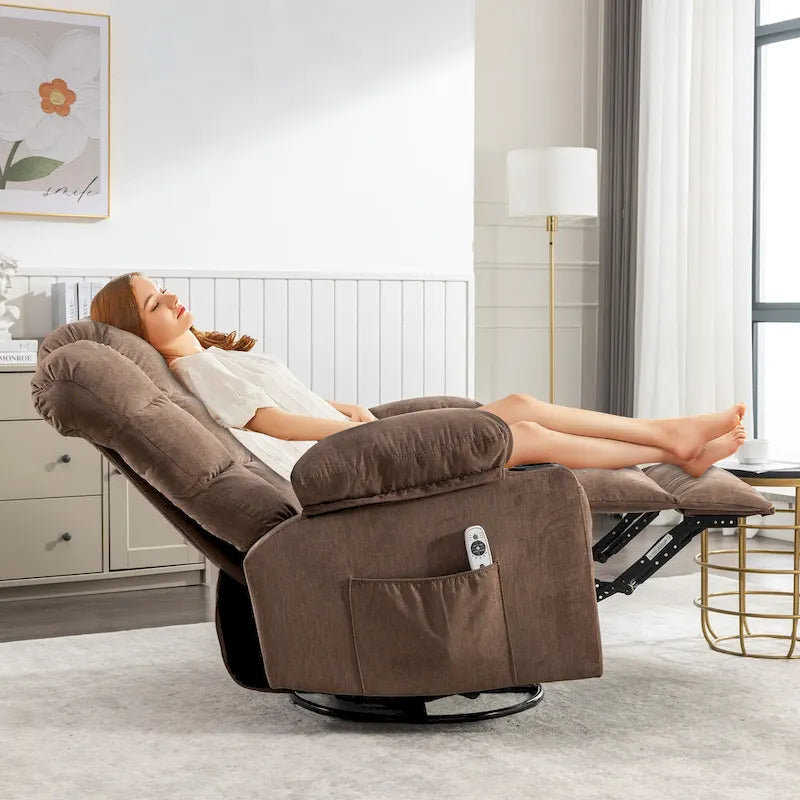 Poltrona reclinabile oversize grigia con calore e massaggio, reclinazione a 150°, oscillazione a 30°, ricarica USB e 2 portabicchieri