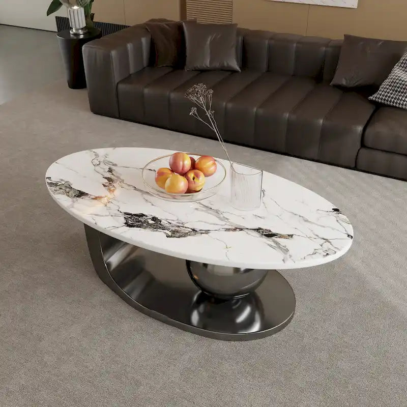Tavolino da caffè ovale moderno Pandora 51 con piano in pietra sinterizzata lucida, tavolino da caffè di lusso, gambe in acciaio inossidabile per soggiorno