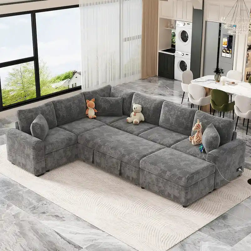 Divano sezionale in ciniglia con letto estraibile, divano letto a L con pouf contenitore, 3 cuscini e dispositivi di ricarica