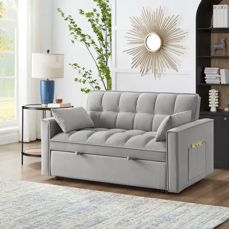 Divano letto a due posti 4 in 1 con braccioli e tasche portaoggetti, divano letto estraibile multifunzionale trapuntato con schienale regolabile