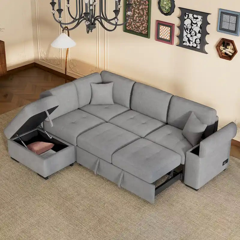 Divano sezionale a L a 5 posti con funzione letto, con pouf contenitore, vano contenitore nel bracciolo e ricarica USB per soggiorno, 84,75 pollici