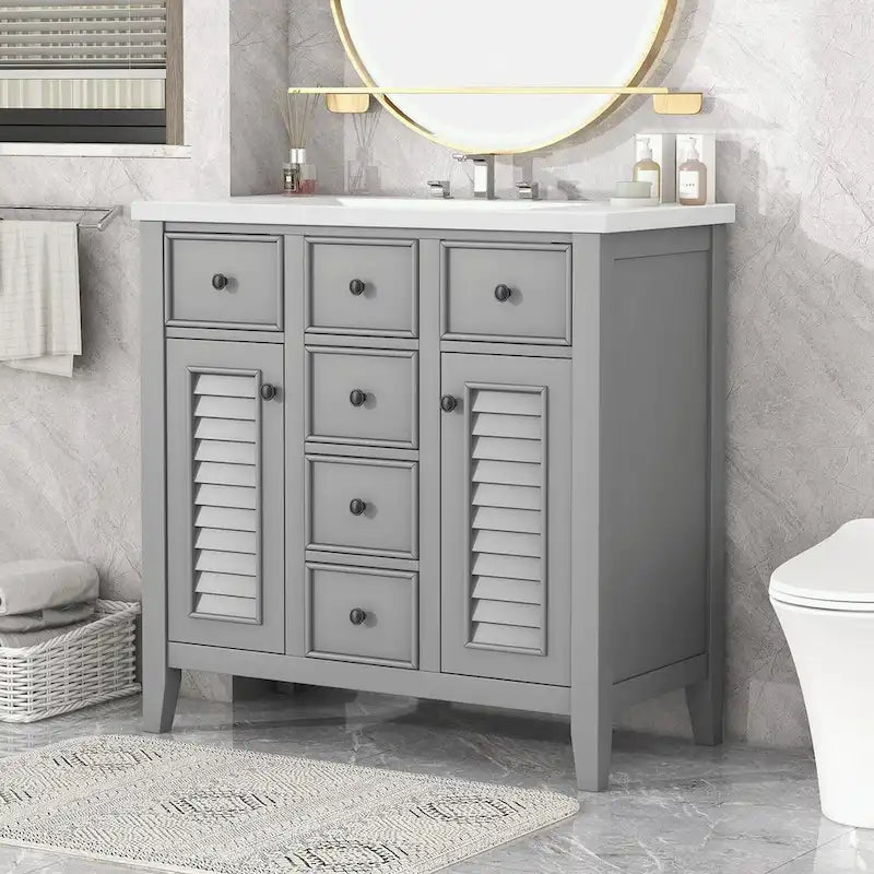 Mobile bagno con lavabo in ceramica, due ante e cinque cassetti