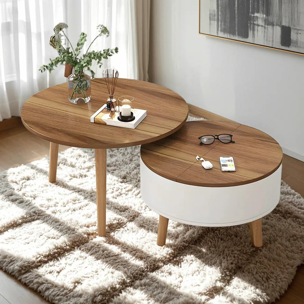 Tavolino da caffè rotondo moderno in legno bianco e nero con contenitore