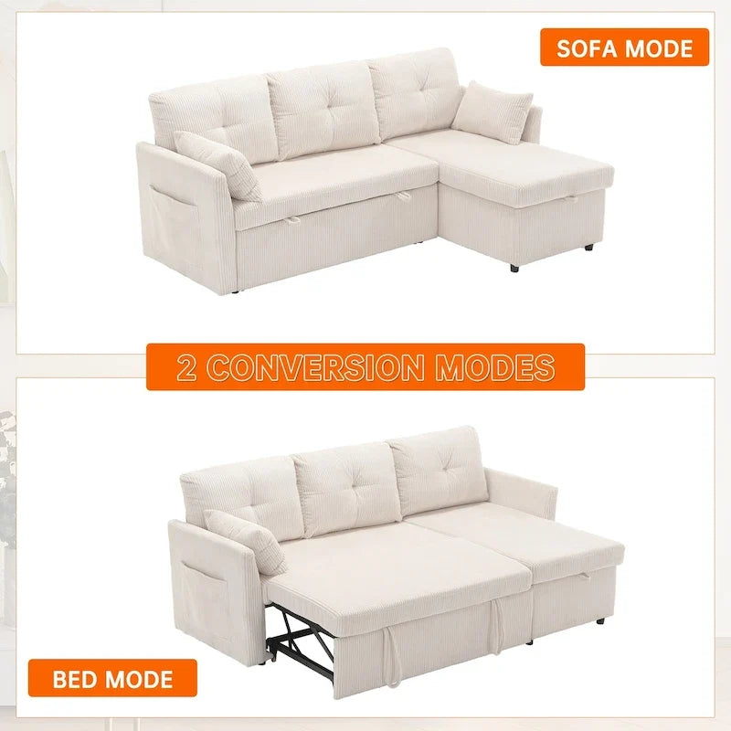 Divano Sezionale a L con Chaise Reversibile, Rivestimento in Velluto a Coste/Ciniglia, con Bracciolo Portaoggetti e Tasca Laterale