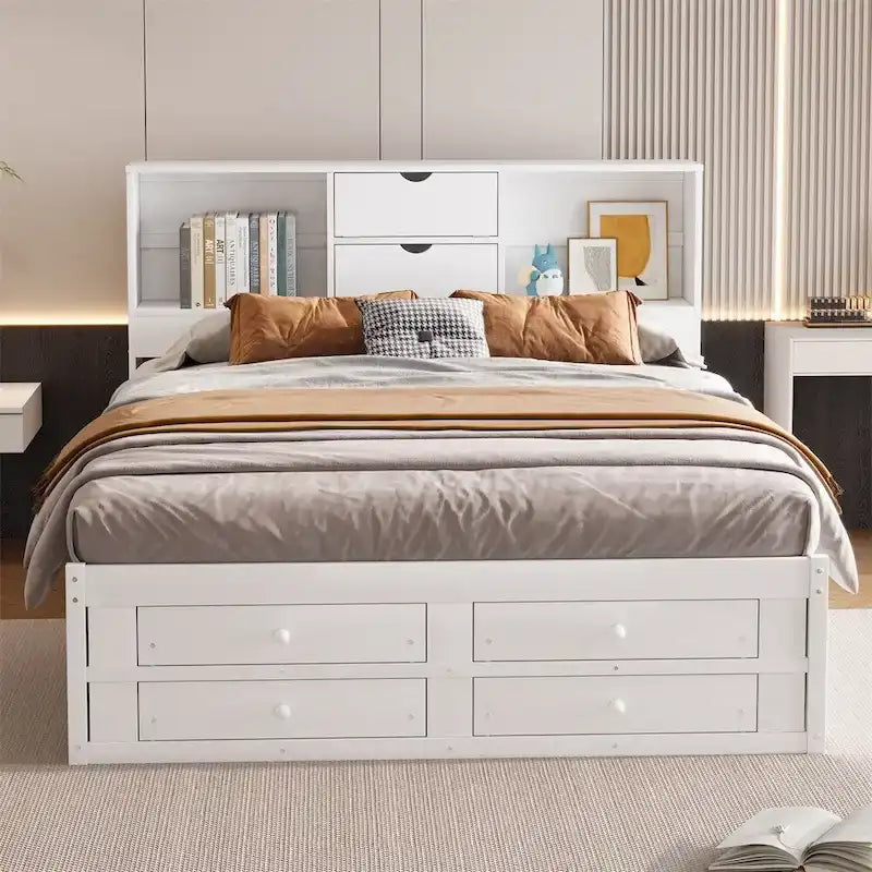 Letto a piattaforma King Size con testiera contenitore e 8 cassetti