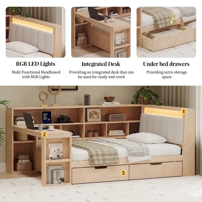 Divano Letto a "L" in Legno con Scrivania, Mobile Libreria, Letto Angolare con Cassetti Sottostanti, Testiera Imbottita con Luce Integrata
