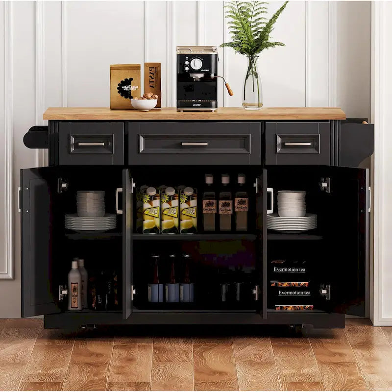54 - Grande isola cucina con anta a ribalta in legno di gomma, carrello da cucina scorrevole con texture in rilievo su 4 ruote con 4 ante e 3 cassetti
