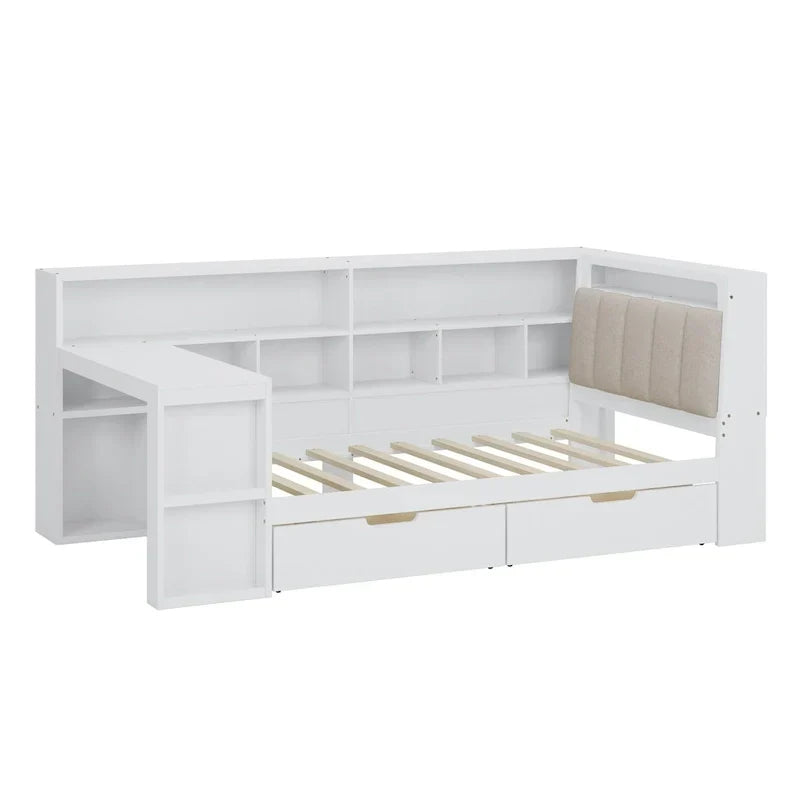 Divano Letto a "L" in Legno con Scrivania, Mobile Libreria, Letto Angolare con Cassetti Sottostanti, Testiera Imbottita con Luce Integrata