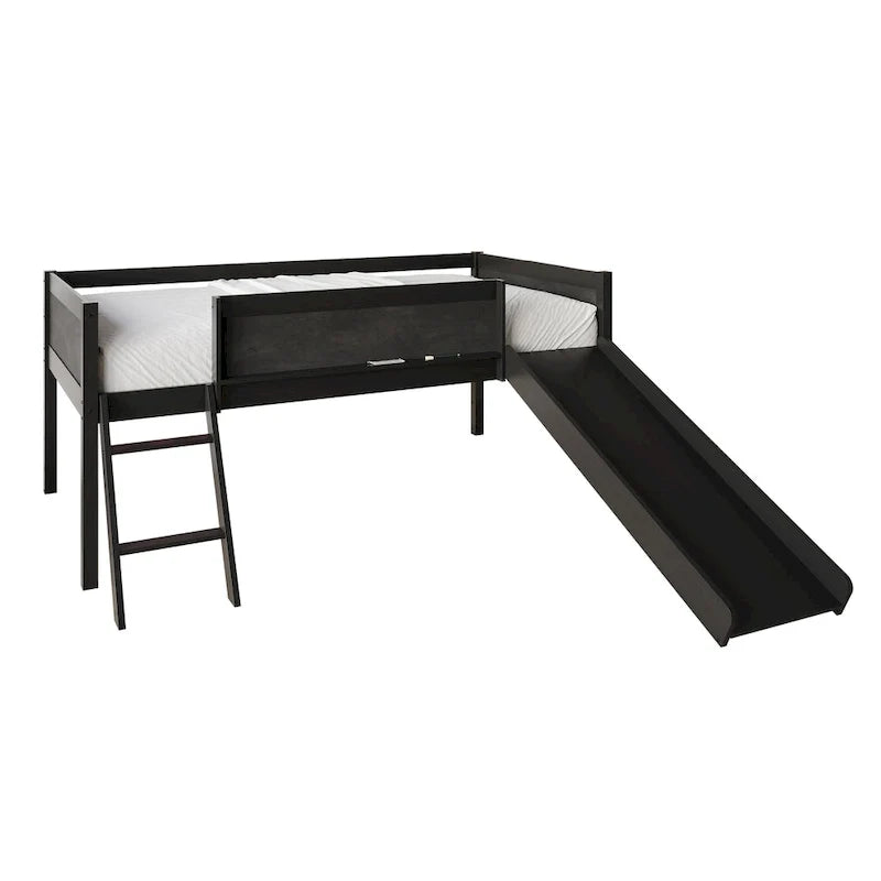 Letto a soppalco basso classico singolo CraftPorch con lavagna, scivolo e scaletta