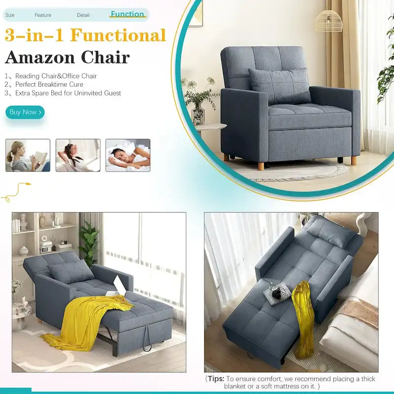AECOJOY Poltrona Letto 3 in 1 con Cuscino e Schienale Convertibile