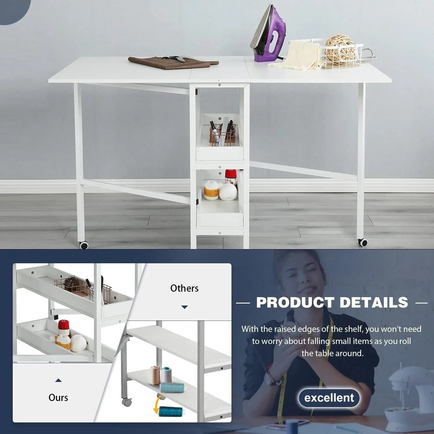 Tavolo Artigianale Regolabile in Altezza con Ripiani Portaoggetti, Tavolo da Taglio Pieghevole Mobile per Ufficio Domestico, Sala da Cucito, Stanza per Hobby