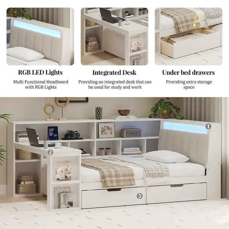 Divano Letto a "L" in Legno con Scrivania, Mobile Libreria, Letto Angolare con Cassetti Sottostanti, Testiera Imbottita con Luce Integrata
