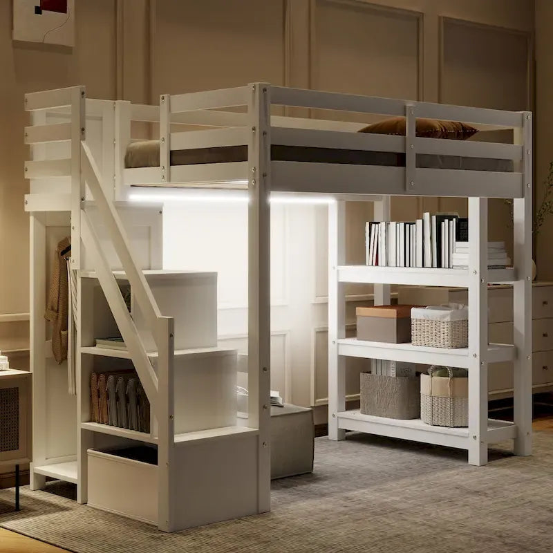 Letto a soppalco singolo/matrimoniale con scala contenitore - Ripiani, armadio e luce LED, design salvaspazio