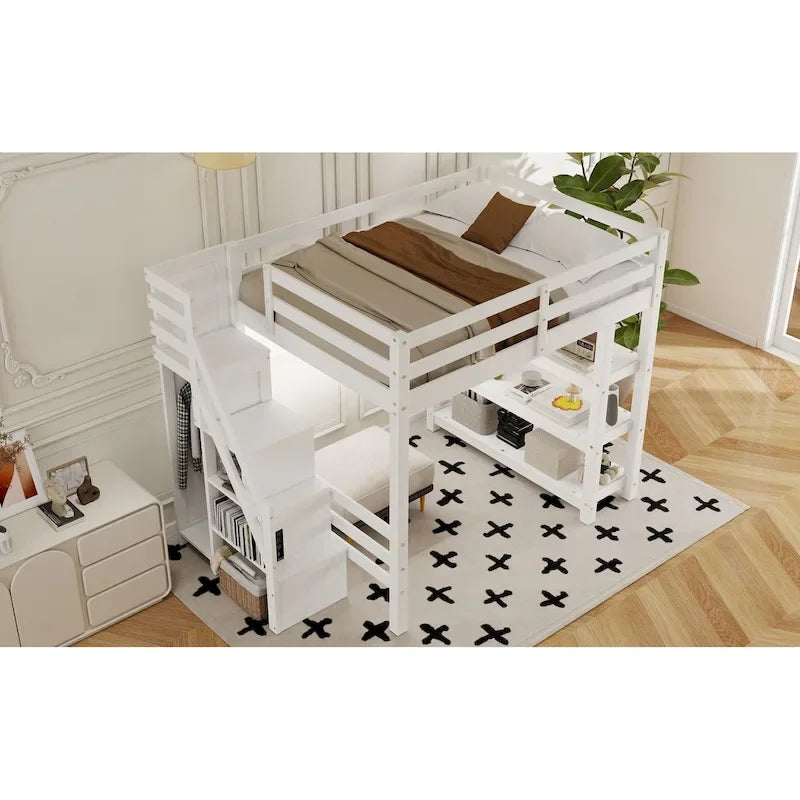 Letto a soppalco singolo/matrimoniale con scala contenitore - Ripiani, armadio e luce LED, design salvaspazio