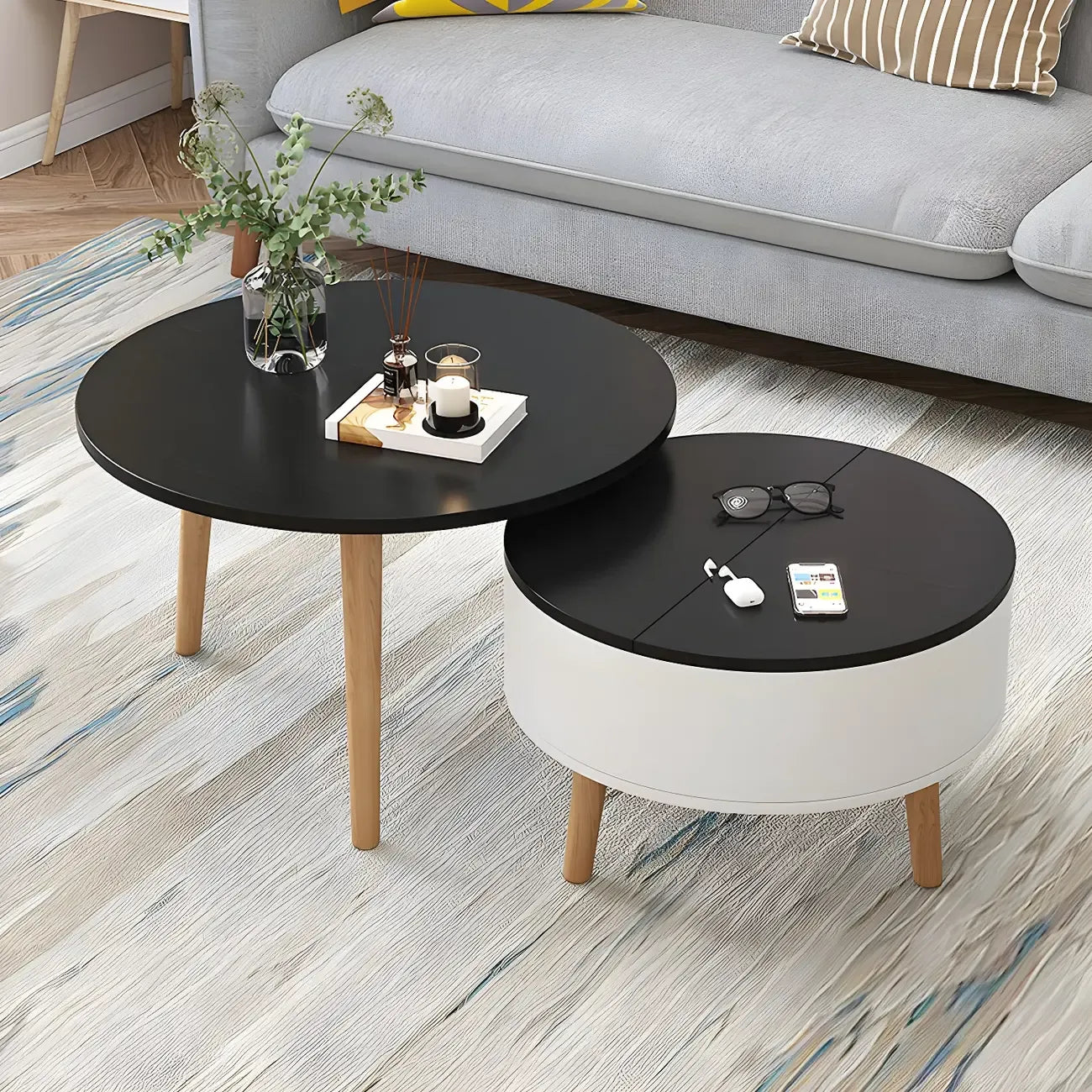 Tavolino da caffè rotondo moderno in legno bianco e nero con contenitore
