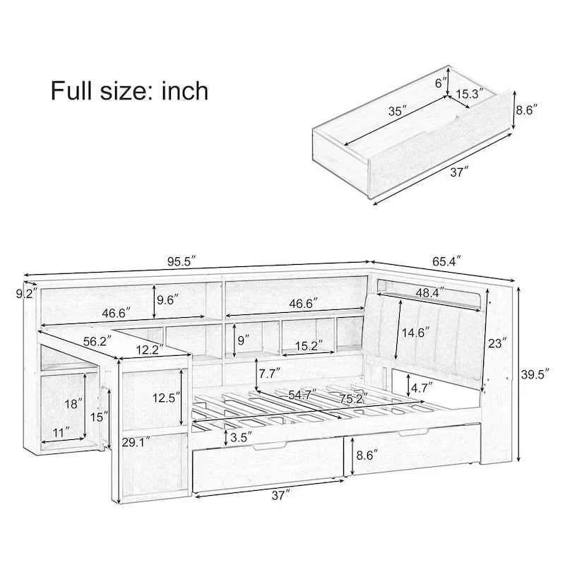 Divano Letto a "L" in Legno con Scrivania, Mobile Libreria, Letto Angolare con Cassetti Sottostanti, Testiera Imbottita con Luce Integrata