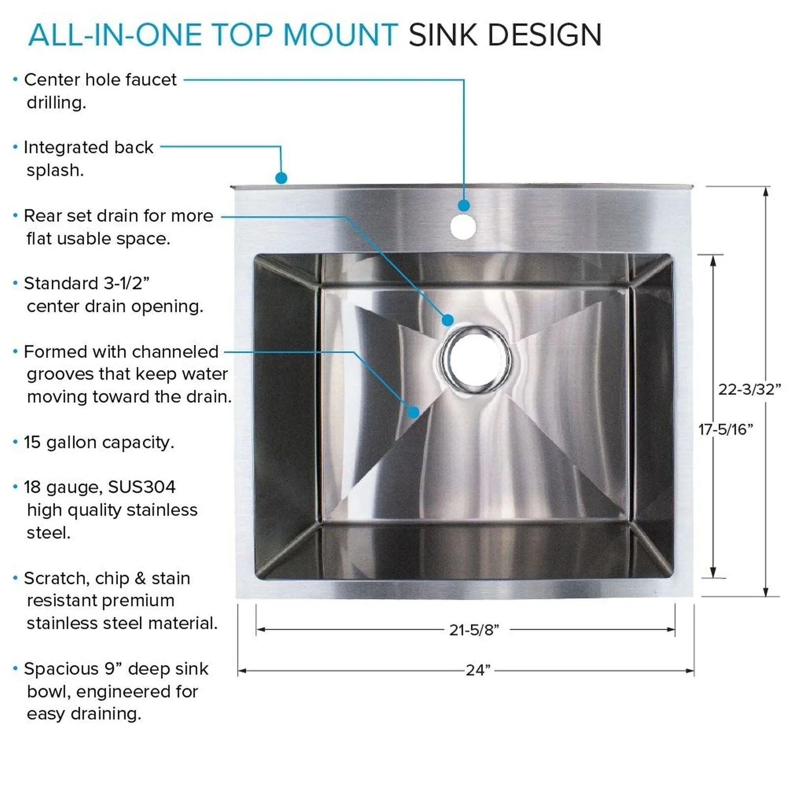 Lavatoio e mobile in acciaio inox 24" L x 22" P x 35" H