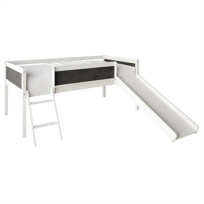 Letto a soppalco basso classico singolo CraftPorch con lavagna, scivolo e scaletta