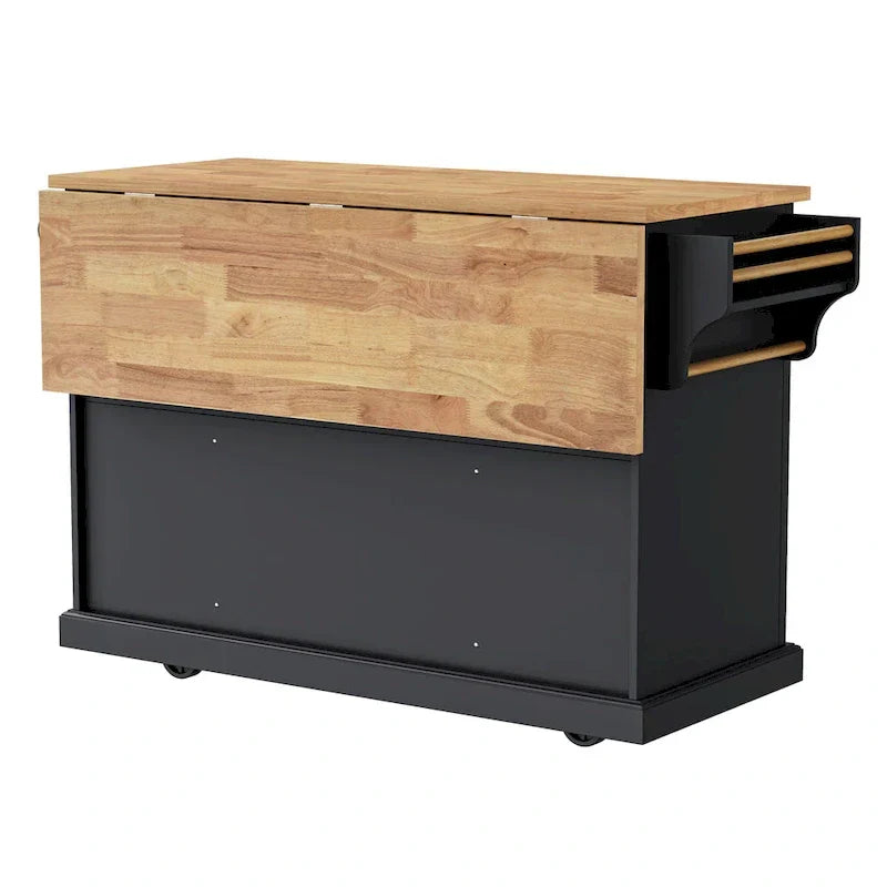 54 - Grande isola cucina con anta a ribalta in legno di gomma, carrello da cucina scorrevole con texture in rilievo su 4 ruote con 4 ante e 3 cassetti